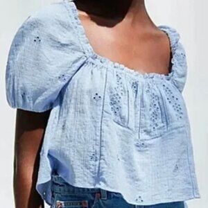 Zara | Cotton Cropped Short Puff Sleeve Light Blue Eyelet Top | Medium